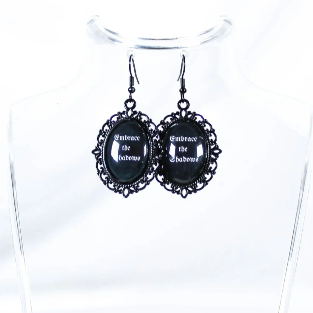 Gothic Quote Earrings – “Embrace the Shadows” Black Cameo Jewelry